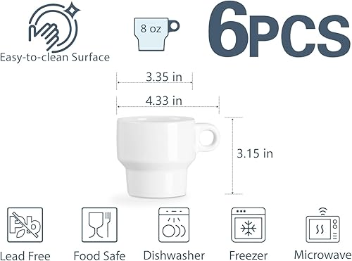 Miniatura 6 de ONEMORE Juego de 6 tazas de café apilables de 8 onzas, tazas demitasse apilables de cerámica con asa, perfectas para café, expreso, té, café con