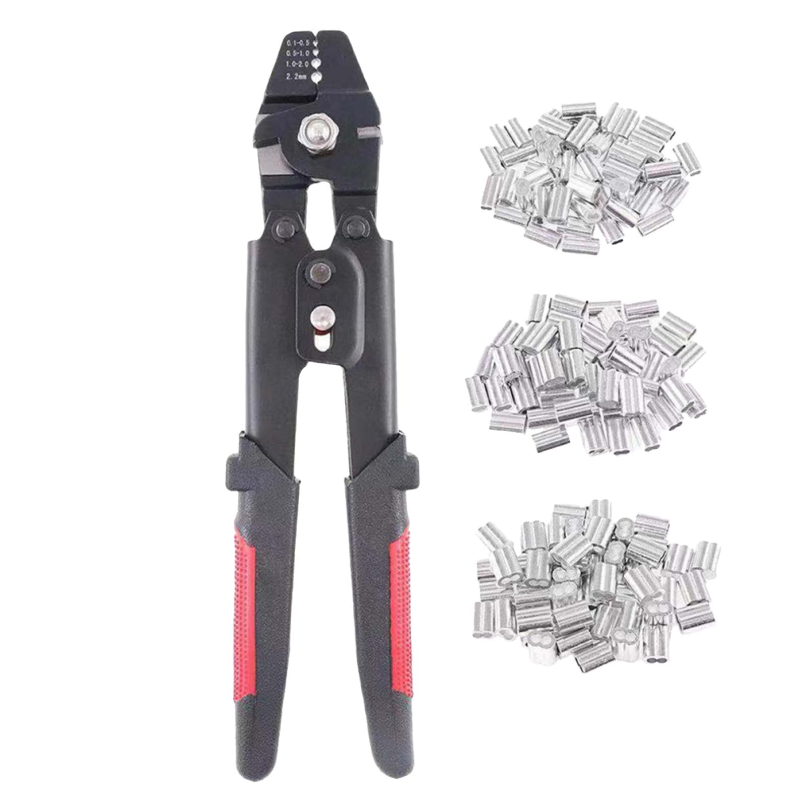 Pinza Crimpatrice per Funi e Cavi con Manico Antiscivolo, Acciaio al Carbonio e 180 Pezzi Manicotti in Alluminio per Crimpatura Precisa
