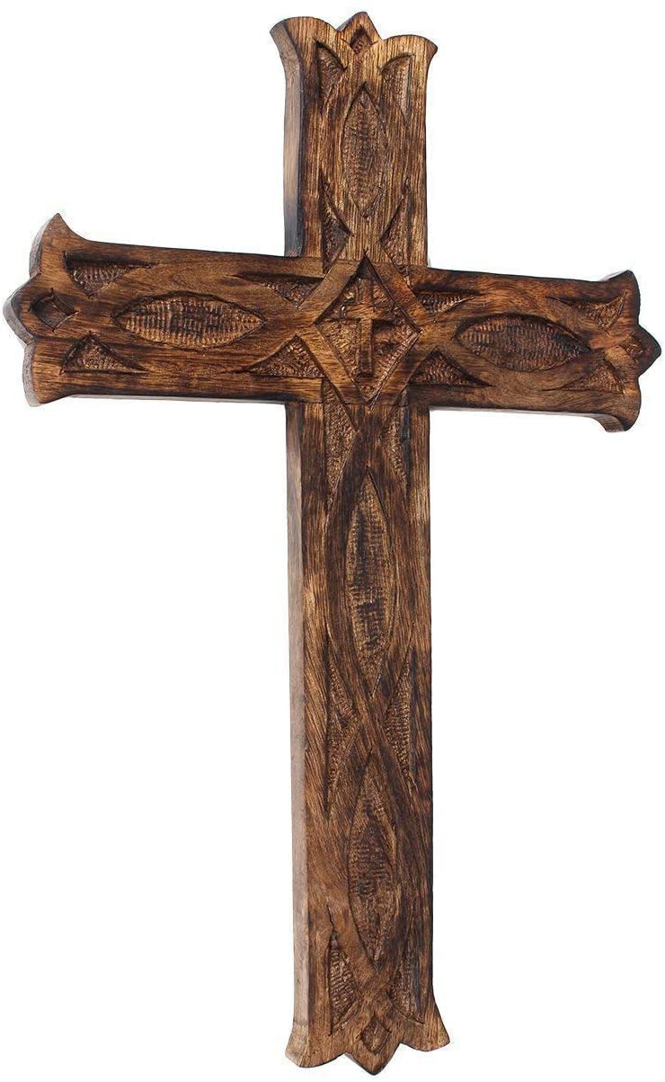 Wooden Religious Catholic Crucifix Cross Wall Hanging 40 x 30 cms French Plaque Floral Carvings Living Room Home Decor Accent Church Chapel Altar Wall Art Decor Display Antiqued Rustic Finish - Image 4