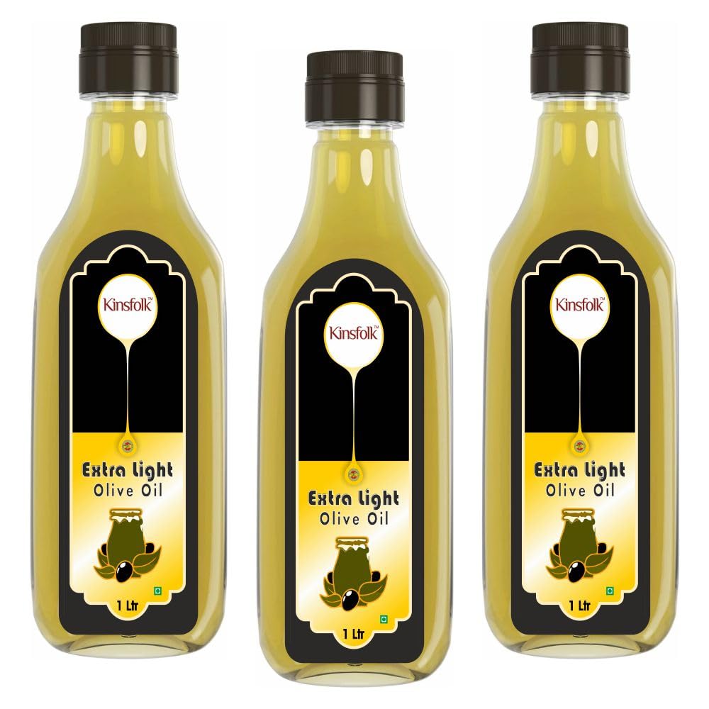 Kinsfolk Extra Light Olive Oil | Cooking Oil For Frying, Baking, Roasting, Dressings, Salads, Soups, Dips & Marinades | Mild Flavor | 1 Ltr Each | Pack Of 3 | Golden | 1 Ltr (Pack Of 3)