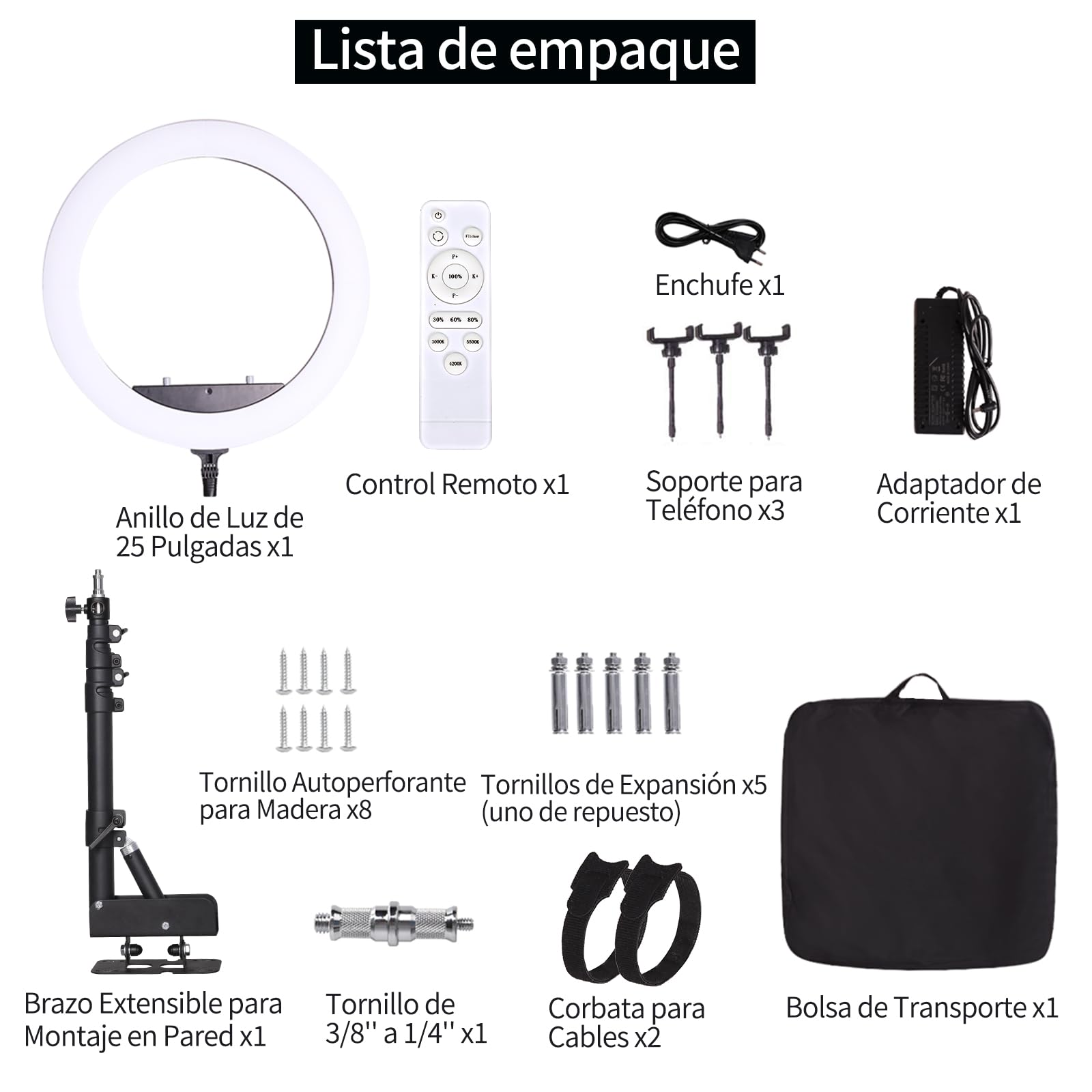 Soporte de pared con anillo de luz de 25 pulgadas con soporte para teléfono móvil, brazo triangular ajustable, soporte de luz de techo para estudio de iluminación fotográfica, transmisión