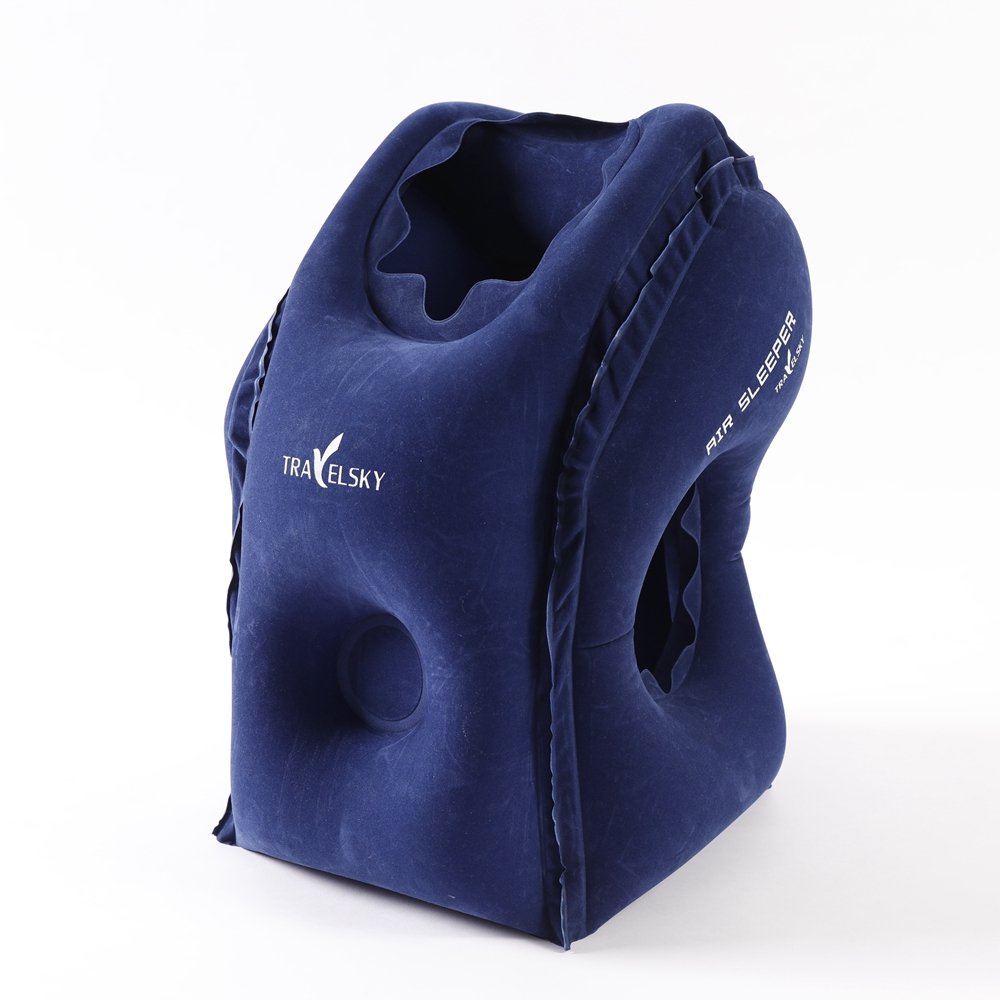 Cuscino Da Viaggio Gonfiabile Ergonomico, Design Brevettato Con Foro Frontale, Per Aereo Auto E Ufficio, Blu - 4