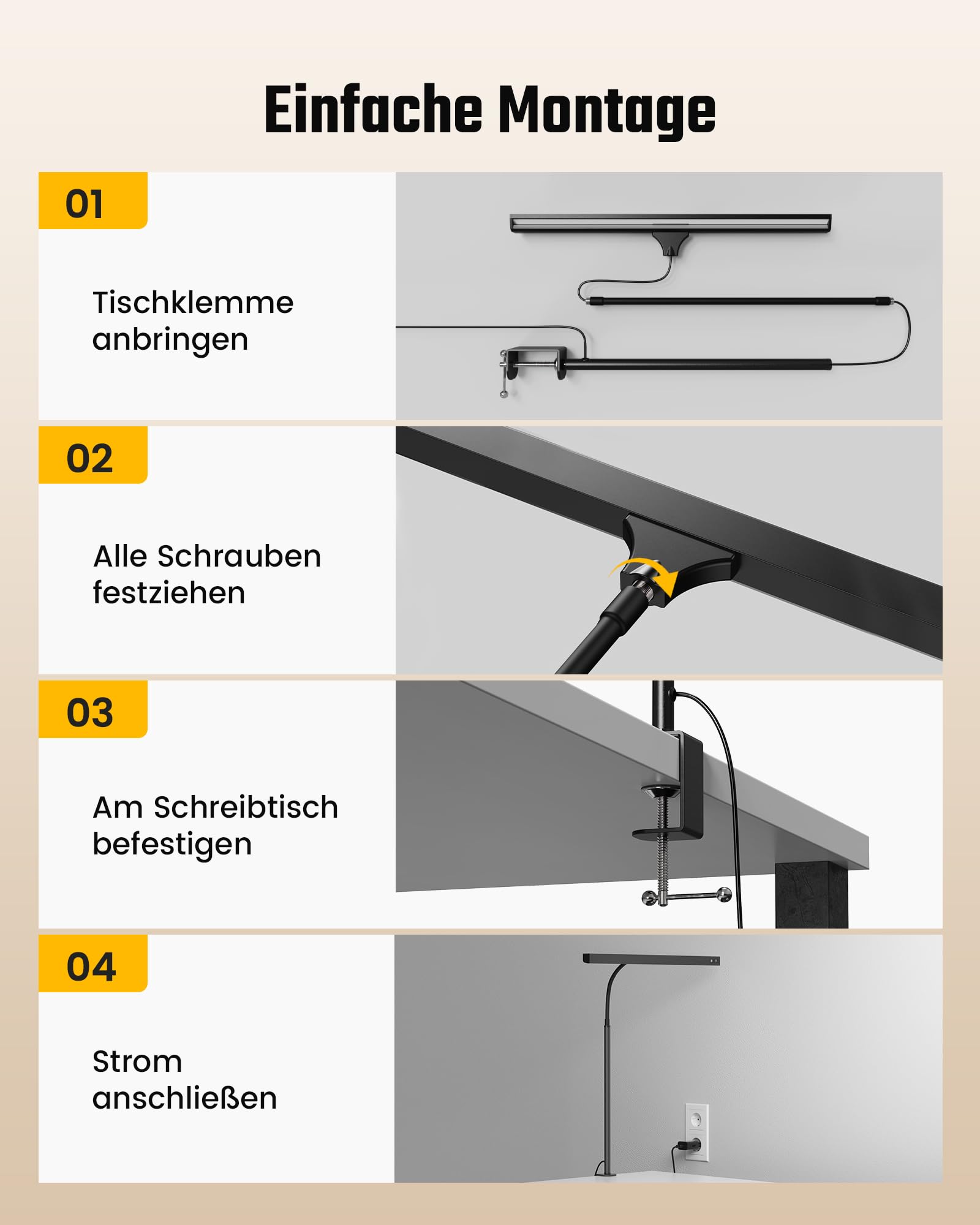 Schreibtischlampe LED Dimmbar, Schreibtischlampe Klemmbar mit 45° Streuwinkel, Augenschutz Schwanenhals Büro Tischlampe, Tageslichtlampe Schreibtisch für Homeoffic, Büro (Schwarz)