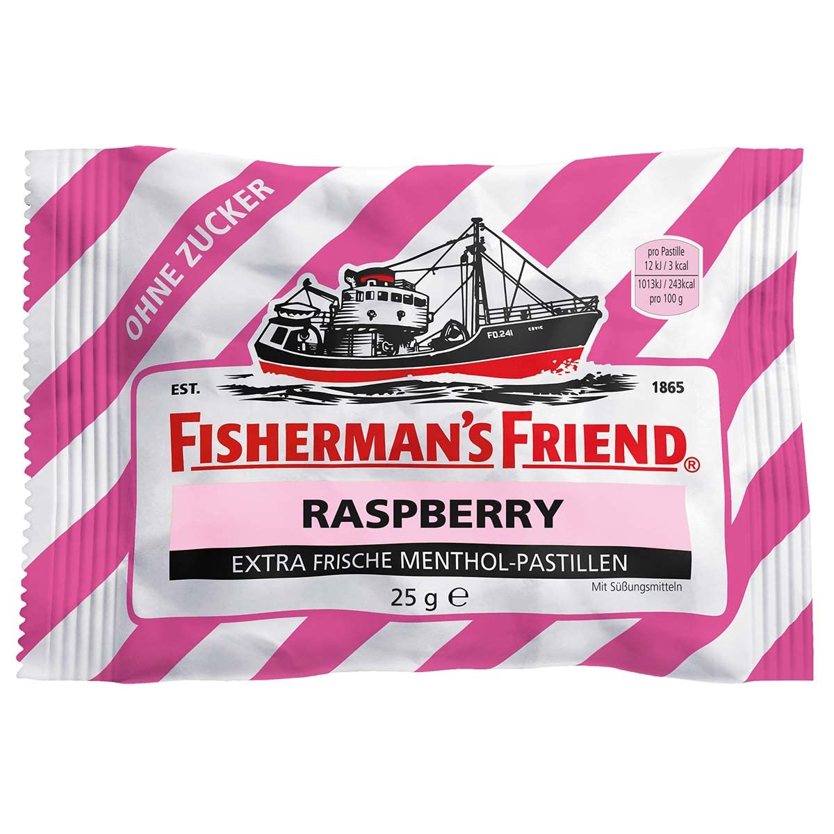 Fisherman's Friend Raspberry - Caja de cartón con 24 bolsas de 25 g, sabor frambuesa y mentol, sin azúcar para aliento fresco