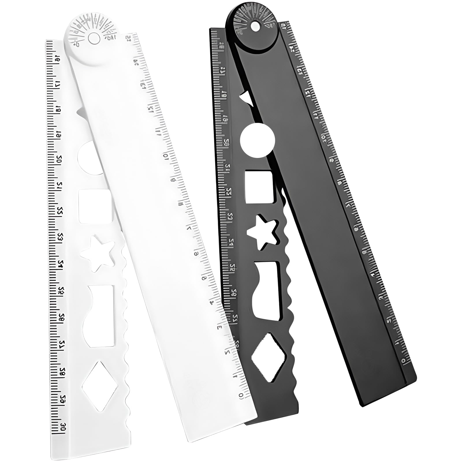 Maxtonser 2Pcs Multipurpose Folding Ruler Measurement Tool with Hollowed Geometric Templates for Drafting Technical Drawing