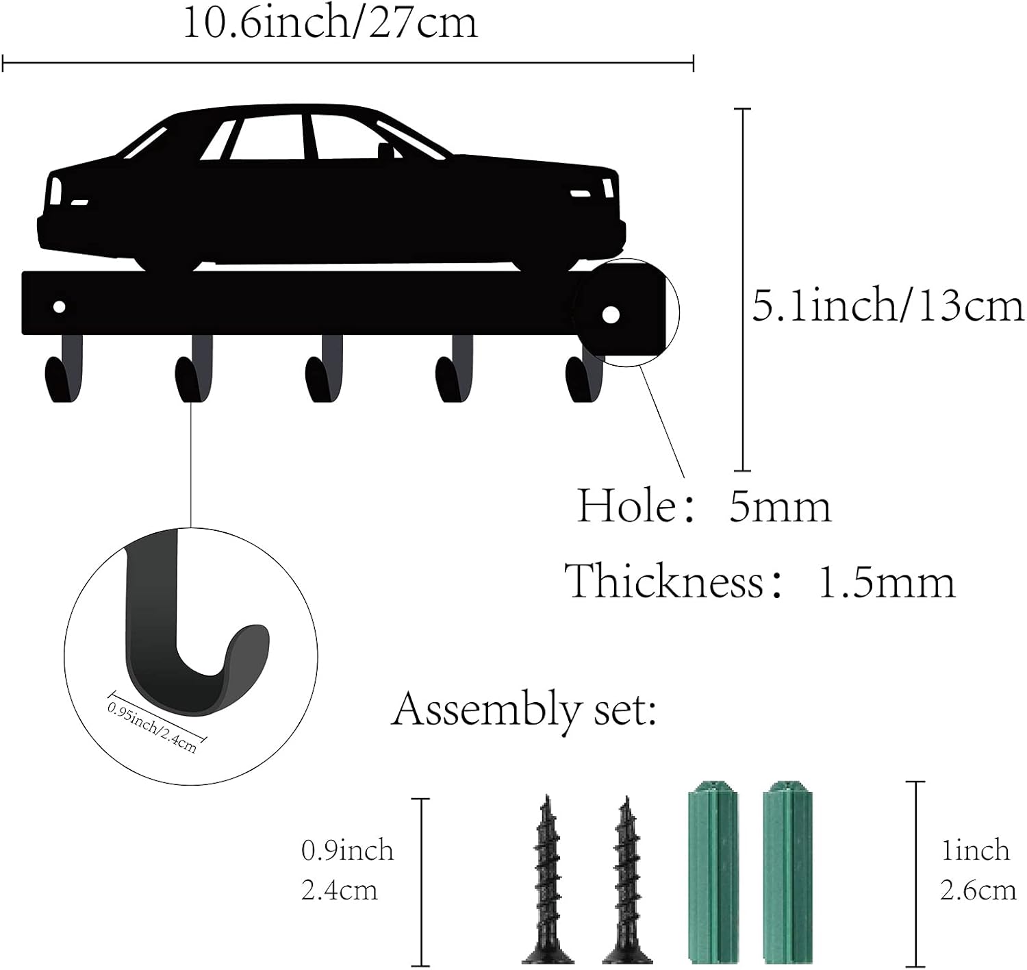 CREATCABIN Metal Key Holder Black Key Hooks Wall Mount Hanger Decor Car Pattern Iron Hanging Organizer Rock Decorative with 5 Hooks for Front Door Entryway Cabinet Hat Towel 10.6 x 5.1inches