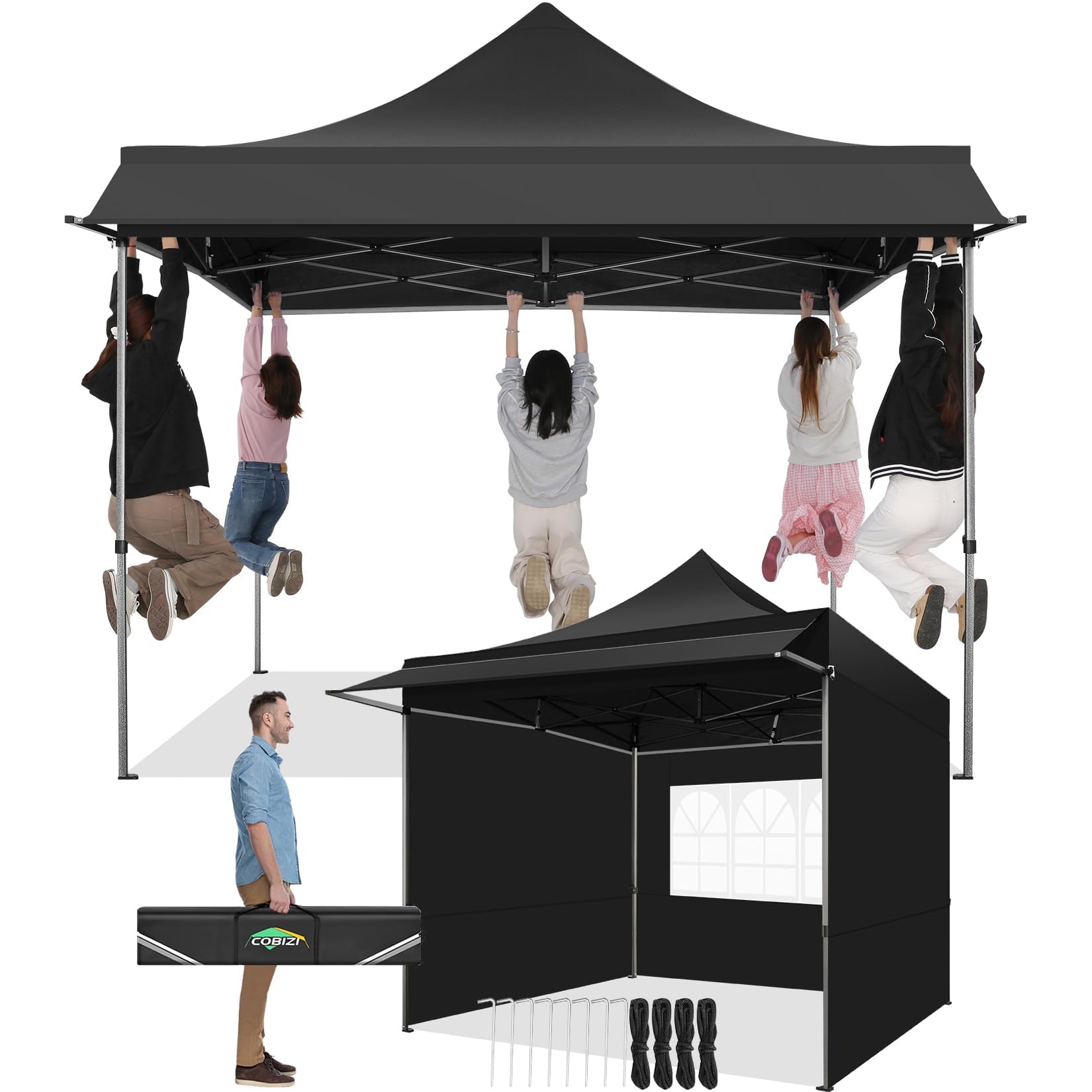 COBIZI Gazebo 3x3 Pieghevole con Parasole e Pannelli Laterali,Nero | Impermeabile UV50+ Gazebo Esterno Resistente 3x3 Tendone da Esterno Tenda per Giardino Auto Campeggio Spiaggia Fiere