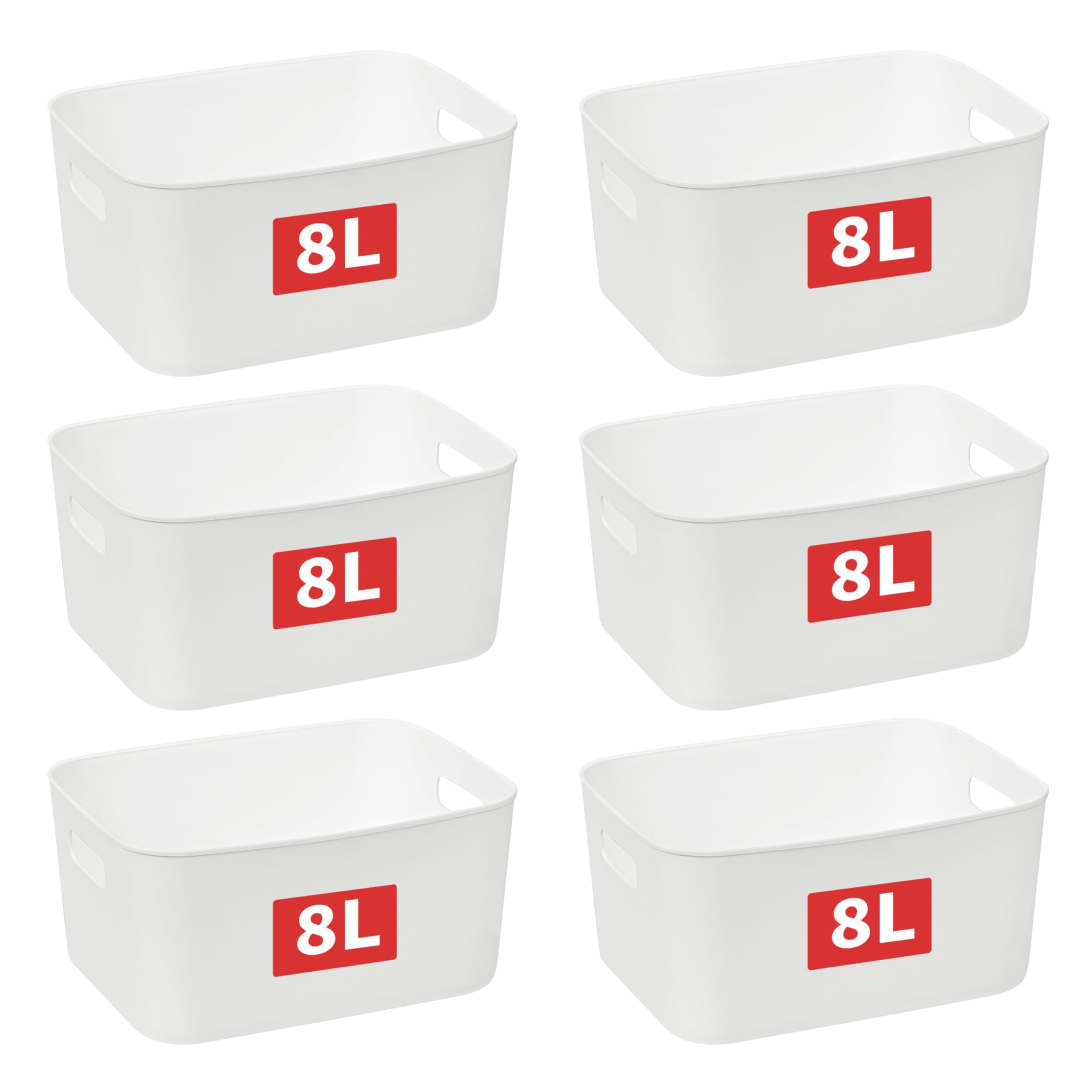 Cetomo 8L*6 Storage Basket, Plastic Open Storage Box, Containers for Shelves, Organizers with Handles for Office, Countertops, Cabinets, PP, BPA Free, White, 8L-6 Pack (28.5*22*14cm)