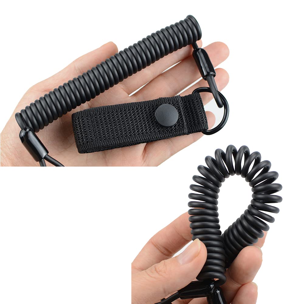 Tactical Anti-Lost Lanyard Rope With Steel Spring, Built-in Wire Safety Strap, Key Ring & Flashlight Holder, 2-Pack, Black