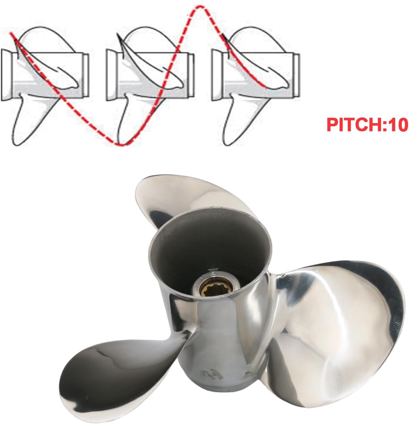Boat Propeller 9 7/8x11" 12" 13" Pitch, 10.25x11" 12" 13" 14" 15" Pit Stainless Steel, 10 Spline Tooth F series, Match for 20HP 25HP F25 30HP Yamaha Outboard Engines, 3.00" Gearcase, RH, 3 Blades