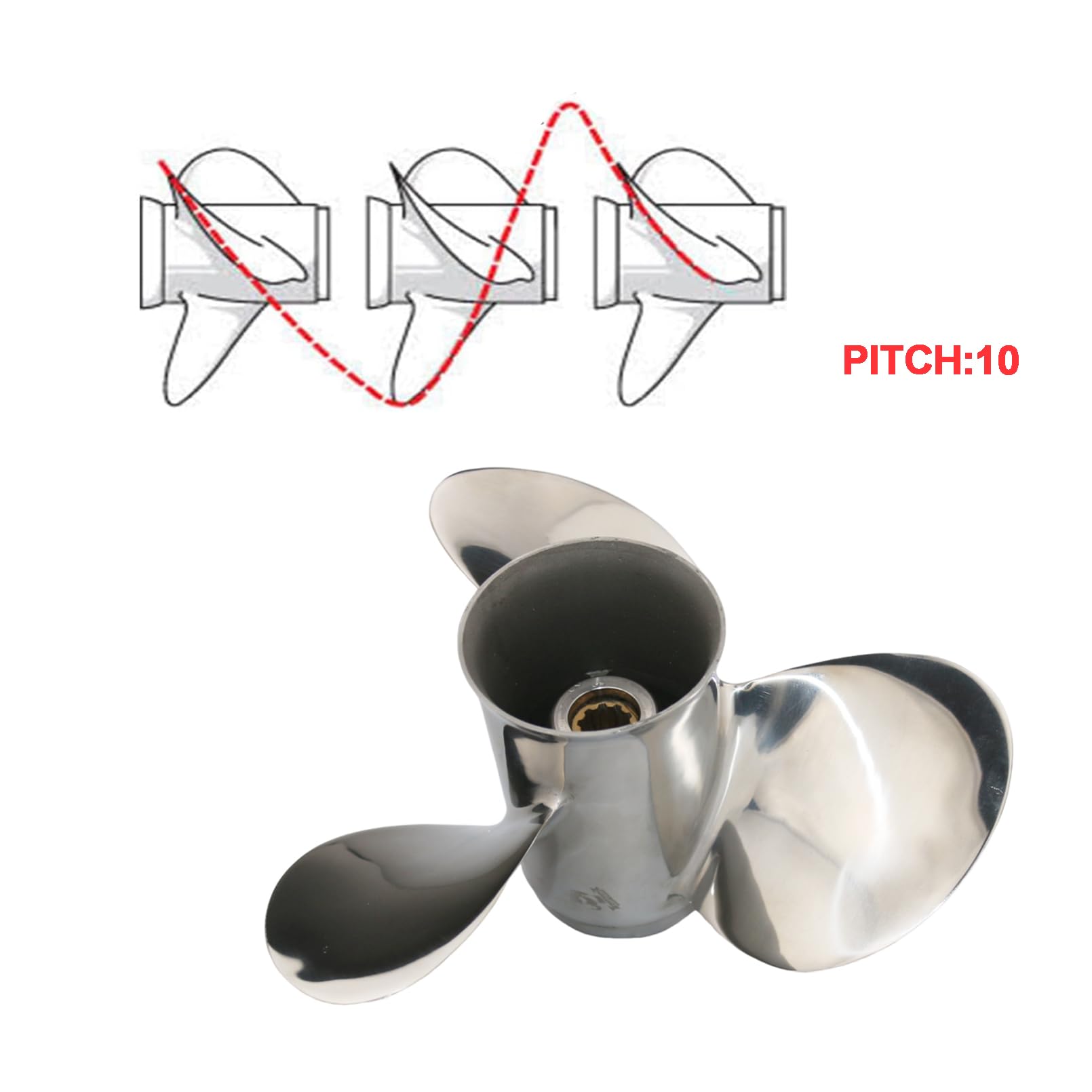 Elica fuoribordo in acciaio inox, 10 Spline Dente Match per motori fuoribordo Yamaha 20-30HP, RH, 3 lame