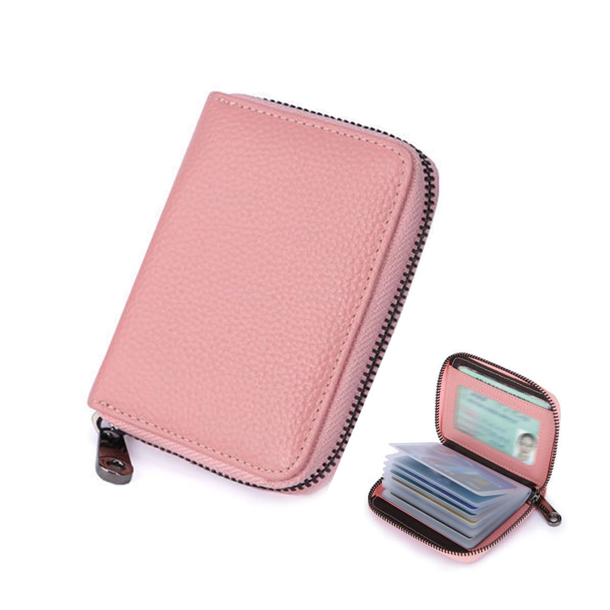 Leather Credit Card Holder, Zipper Closure Card Wallet with 22 Card Slots, Transparent Plastic Double-Sided Sleeves, Slim Unisex Wallet for Bank Cards ID-Pink