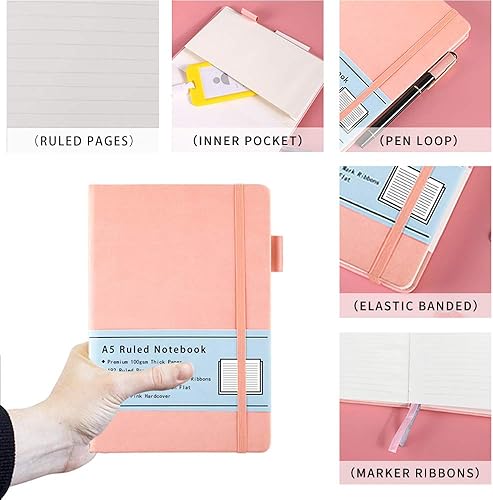 Miniatura 7 de Beinushor Cuaderno A5, diario de tapa dura con papel grueso de 3.53 ozm, bolsillo interior, lazo para bolígrafo, banda elástica, cubierta de piel