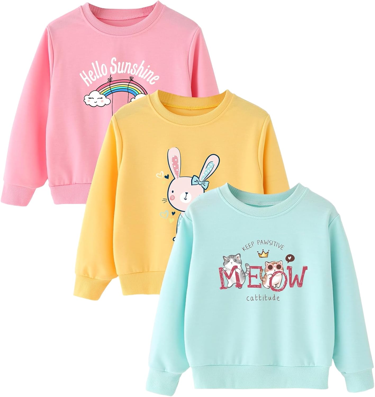 3-Pack Girls Long Sleeve T-Shirt for Fall,Soft Cotton Toddler Top,Cute Graphic Tee for Kids (2-12Y)