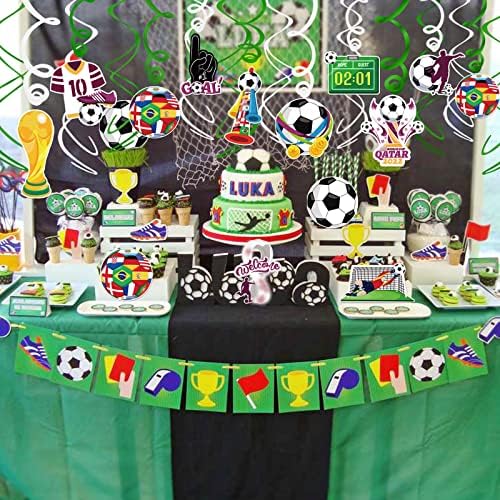 DPKOW 2022 World Cup Decorations, 30pcs Football Hanging Swirls for Qatar World Cup Football Party Decorations, World Cup Foil Swirl Ceiling Decorations, Goal Football Trophy Goalkeeper Scoreboards