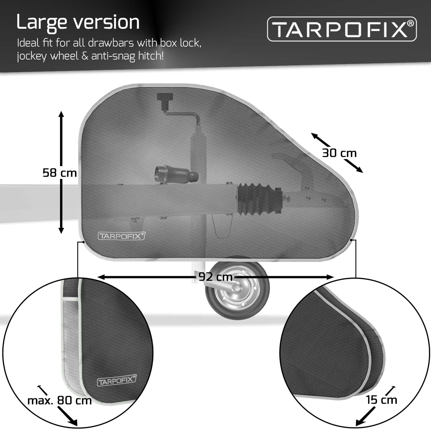 Tarpofix® Deichselhaube mit Doppel-Klickverschluss - universal Wohnwagen Deichselabdeckung in großer Ausführung -Anhängerkupplung Abdeckung Hülle für Anhänger mit Antischlingerkupplung & Kastenschloss