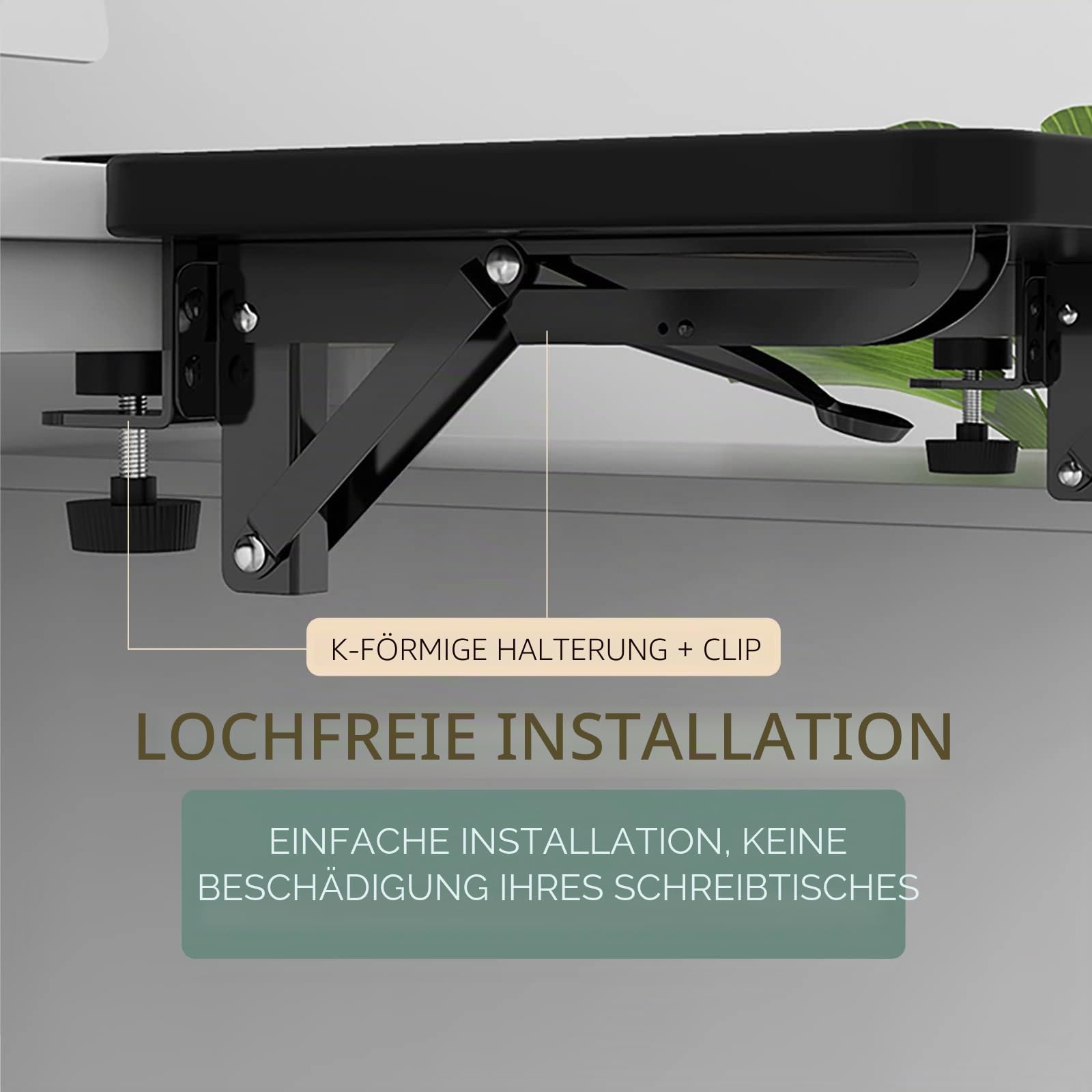 OUGIC Ergonomische Schreibtischverlängerung, 24 x 23 cm, stanzfreie Klemmung, faltbare Tastatur-Schublade, Tischhalterung, Armlehne, Ablage, Computer-Ellenbogen-Armstütze