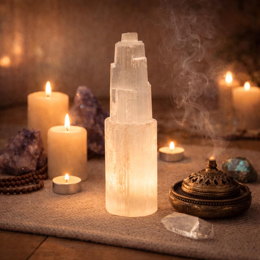 NKlaus Torre di cristallo di selenite naturale 15cm Meditazione Gemma Cristallo di quarzo Decorazione 15312