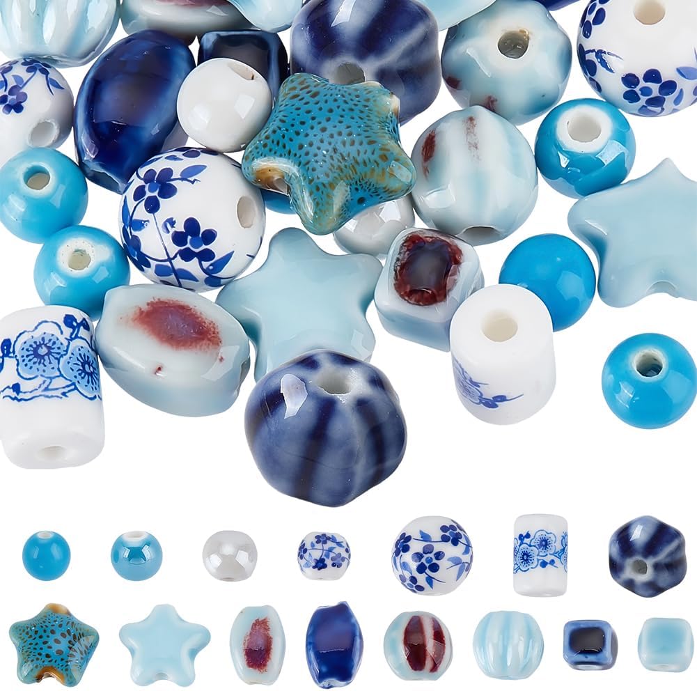 SUNNYCLUE 1 Box 66Pcs Mixed Ceramic Beads Blue and White Ceramic Beads Porcelain Assorted Star Round Square Printed Loose Spacer for Jewelry Making DIY Finding Crafts Necklace Bracelet Supplies Women