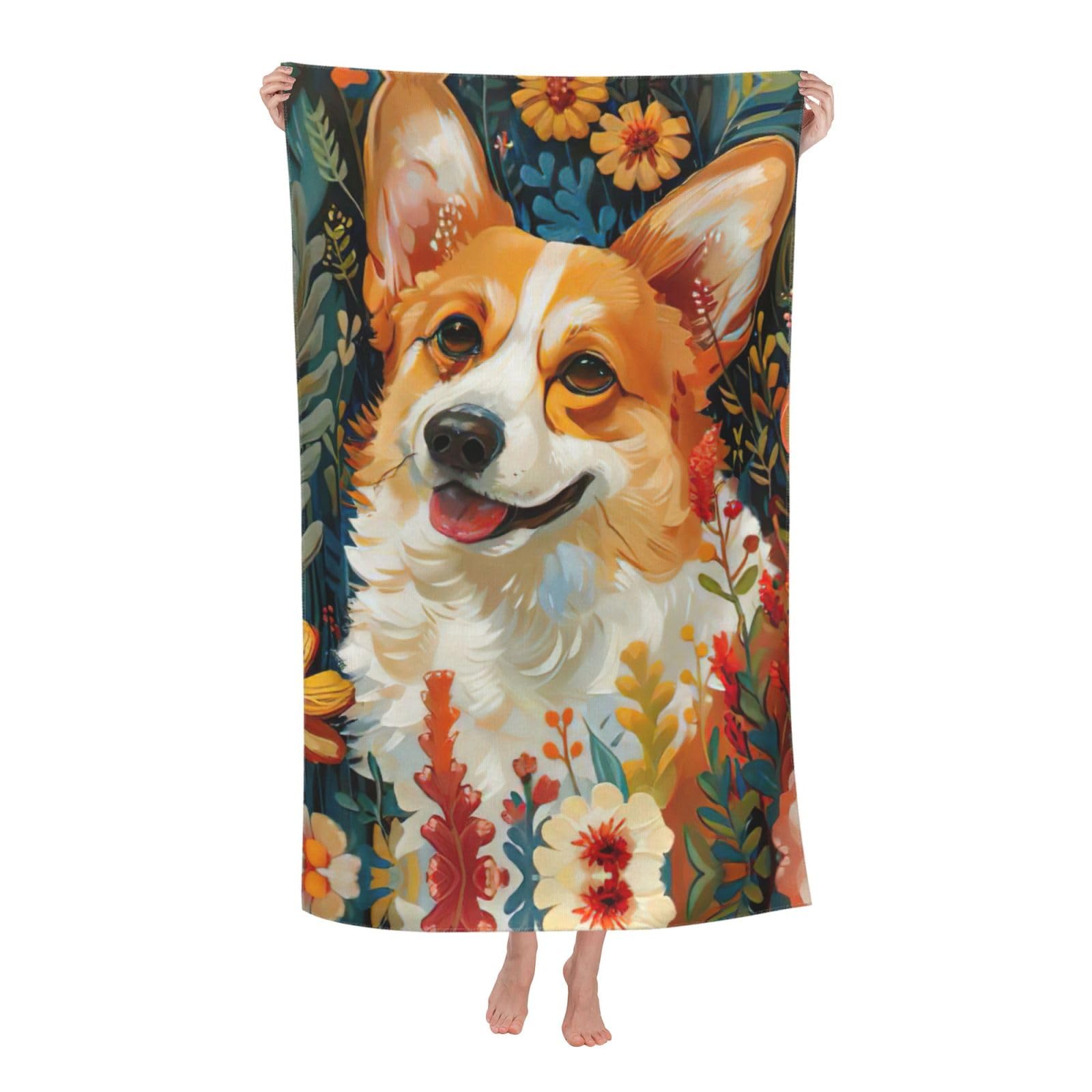 Pojknbv White Corgi Floral Flowers Spring Garden Print Oversized Adult Beach Towel Quick-Dry Comfortable Lightweight Travel Pool Camping
