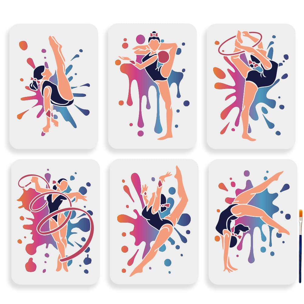 MAYJOYDIY 6pcs Splash Gymnastics Stencil 29.7×21cm Large Artistic Gymnastics Women Stencils with Paint Brush Reusable Gymnastics Sport Template for Furniture Windows Wood Wall Tile Canvas