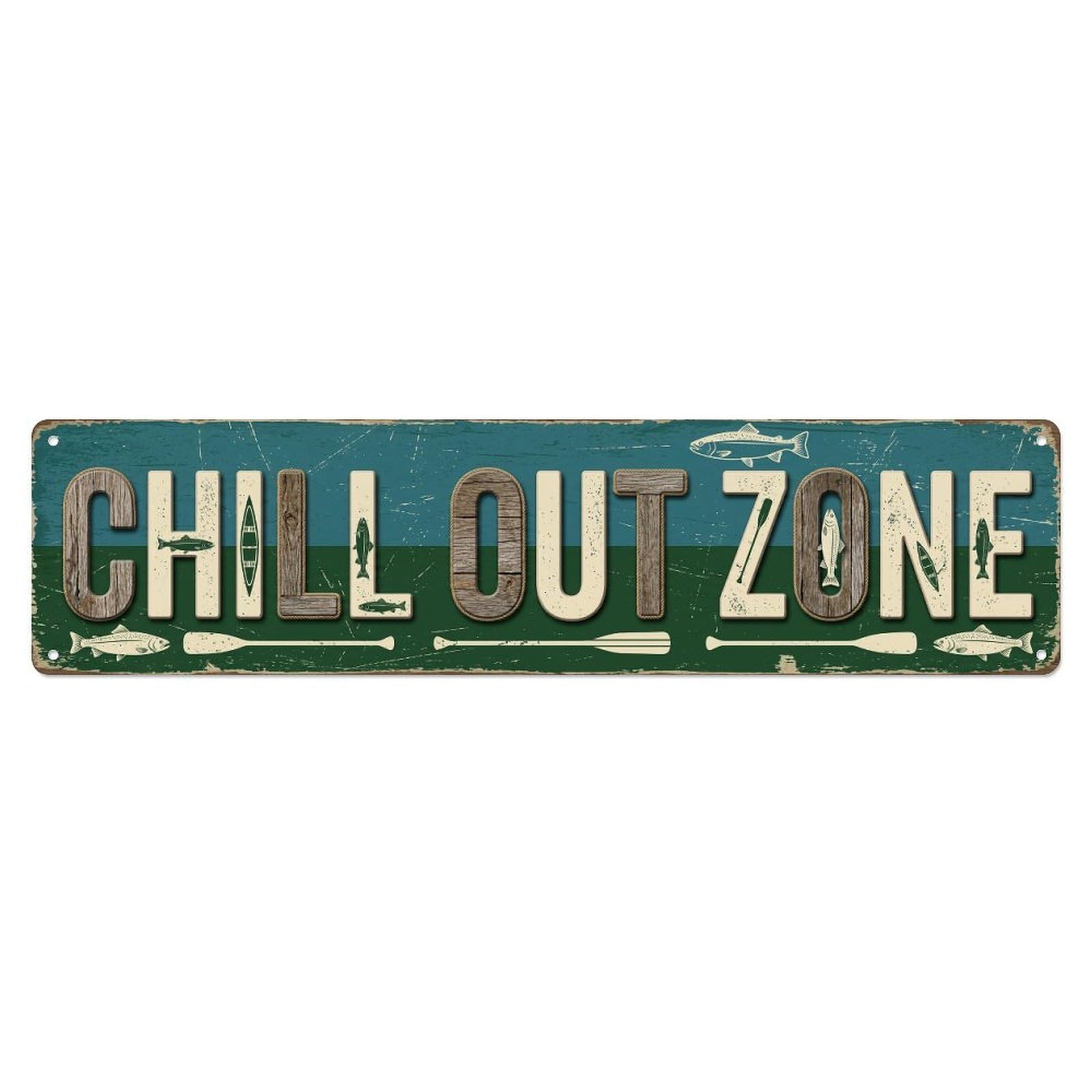 Chill Out Zone Faded Lake House 2 Metal Tin Skinny Sign Plaque Wall Decor for Cafe, Club Bar, Office, Home Garden Metal Poster 4x16Inch