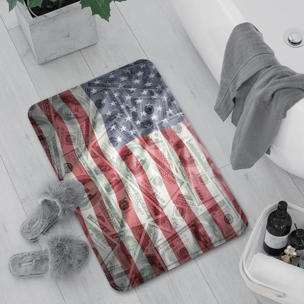 Bath Mat 60 x 100 cm Non-Slip Bathroom Mat Super Absorbent Water,American Flag Decor,American Dollar on Flag Money Currency Exchange Value Glo,Machine-Washable,Microfiber Absorbent Bathroom Floor Mat