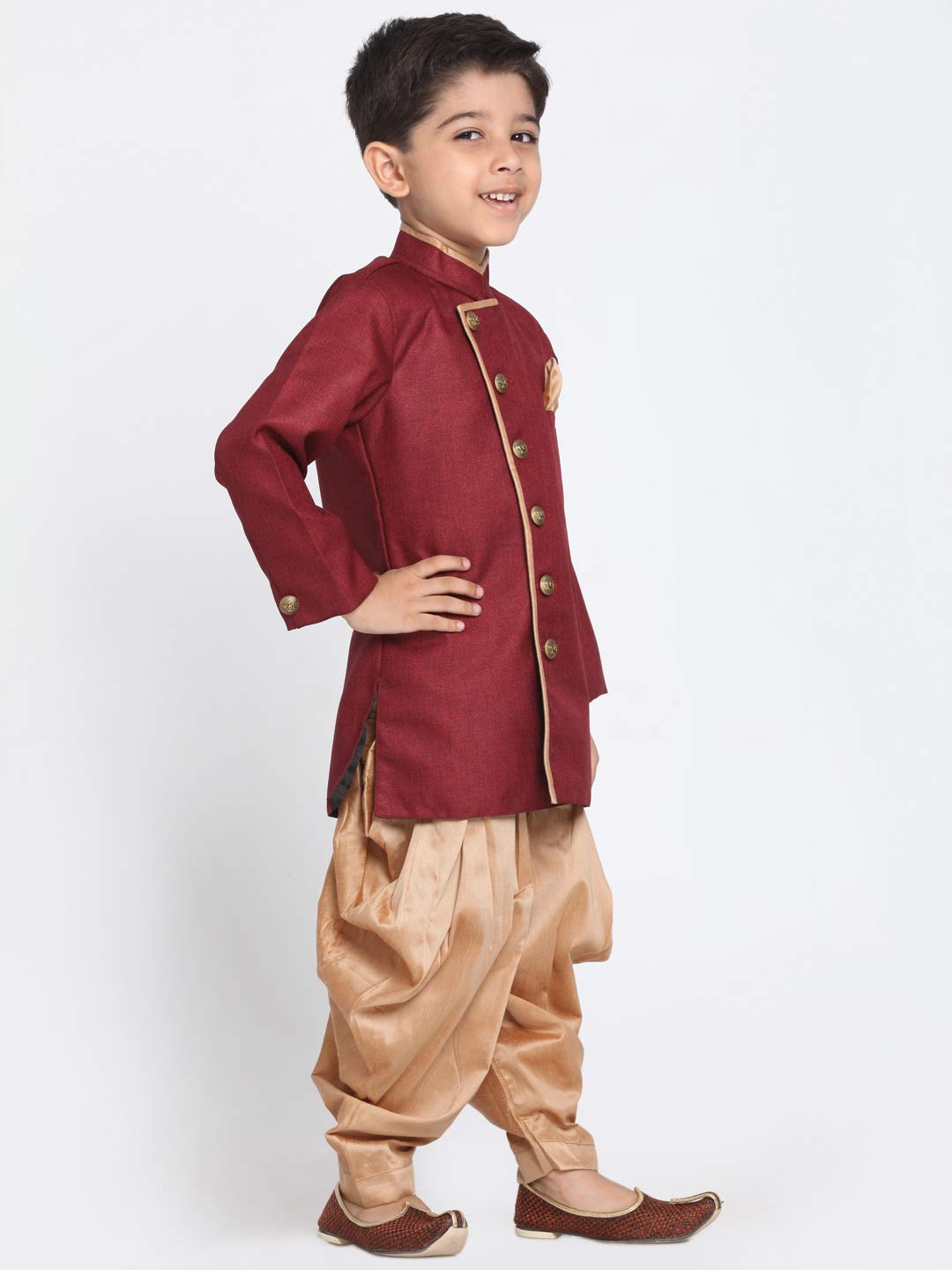 Jbn Creation Boys' Maroon And Rose Gold Cotton Blend Sherwani And Dhoti Pant Set_Jbnbciw124Mancdrg_34