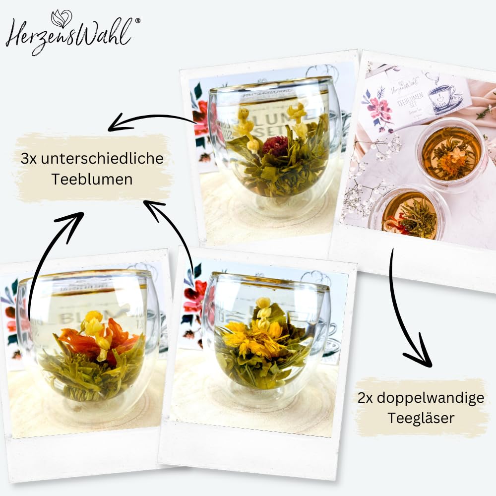 HerzensWahl Teeblumen Geschenkset | 6x Teeblumen, 2x Teetassen & Geschenkbox | Erblühtee | Teerosen Probierset | Grüner Tee & Teegläser Set für Teeliebhaber