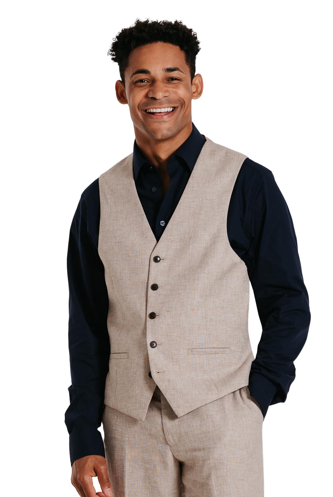 Dobell Mens Sand Waistcoat Lightweight Linen Cotton Blend Regular Fit-L (42-44in)