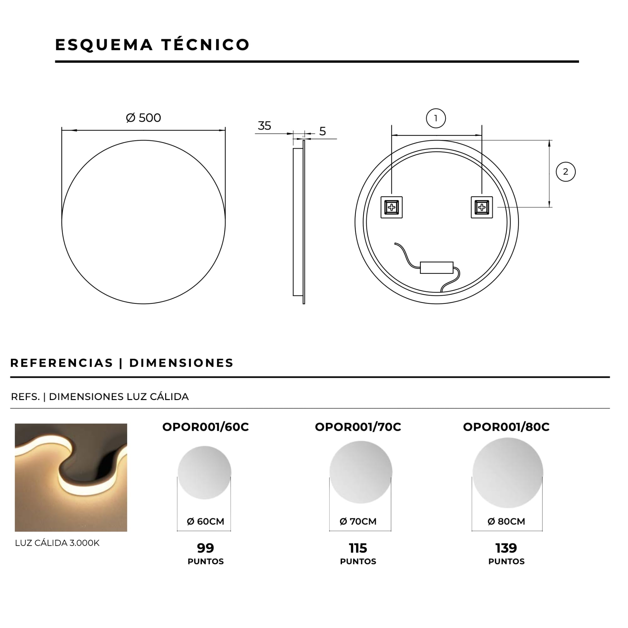 LEDIMEX - Espejo Redondo Baño con Luz LED 90cm Retroiluminado | Espejo Inteligente Pared con Luz Cálida 3000k sin Marco para Mueble de Baño | Serie Oporto