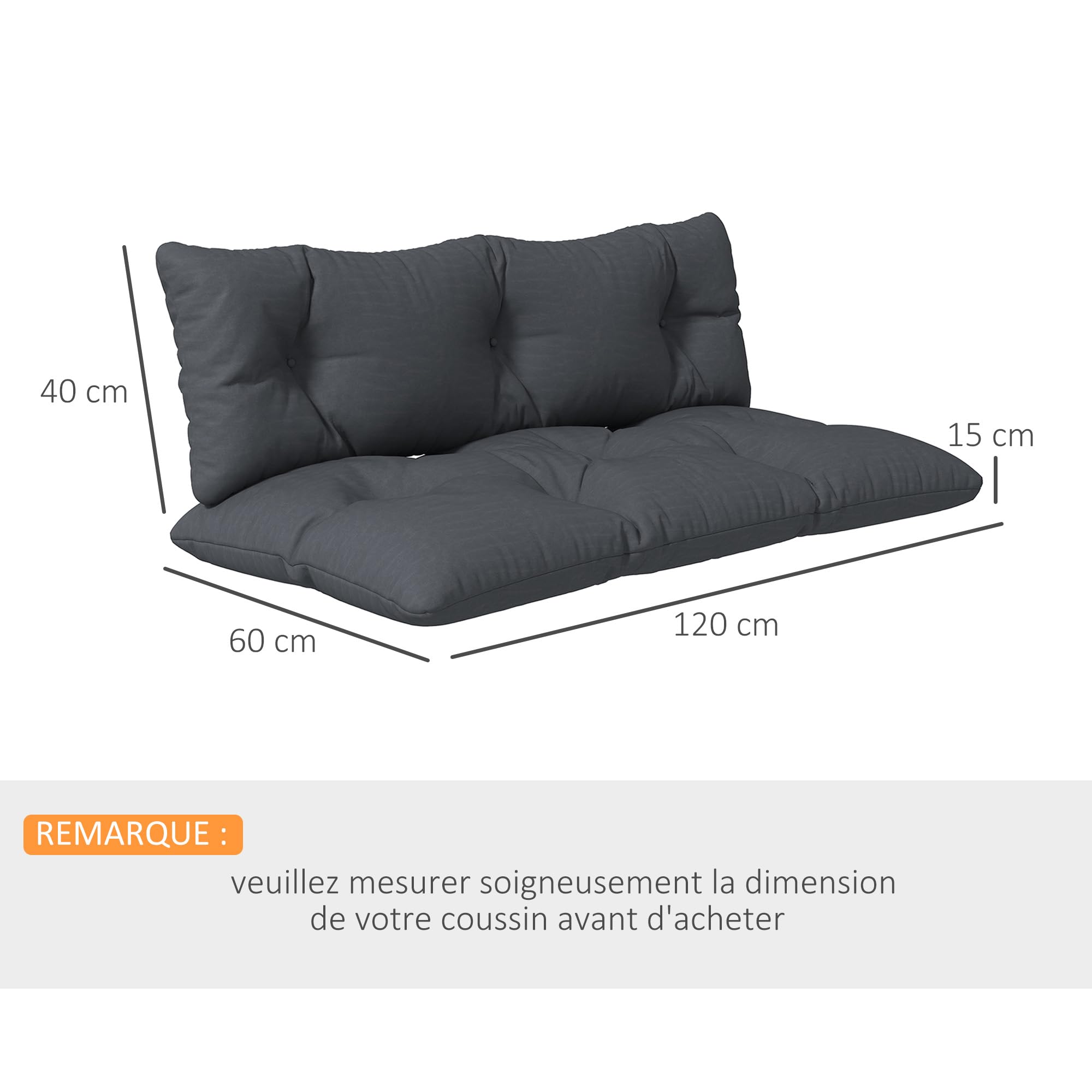 Outsunny Ensemble de 2 Coussins d'Extérieur pour Banquette Canapé Gris | 1 Coussin d'Assise, 1 Coussin de Dossier, Polyester