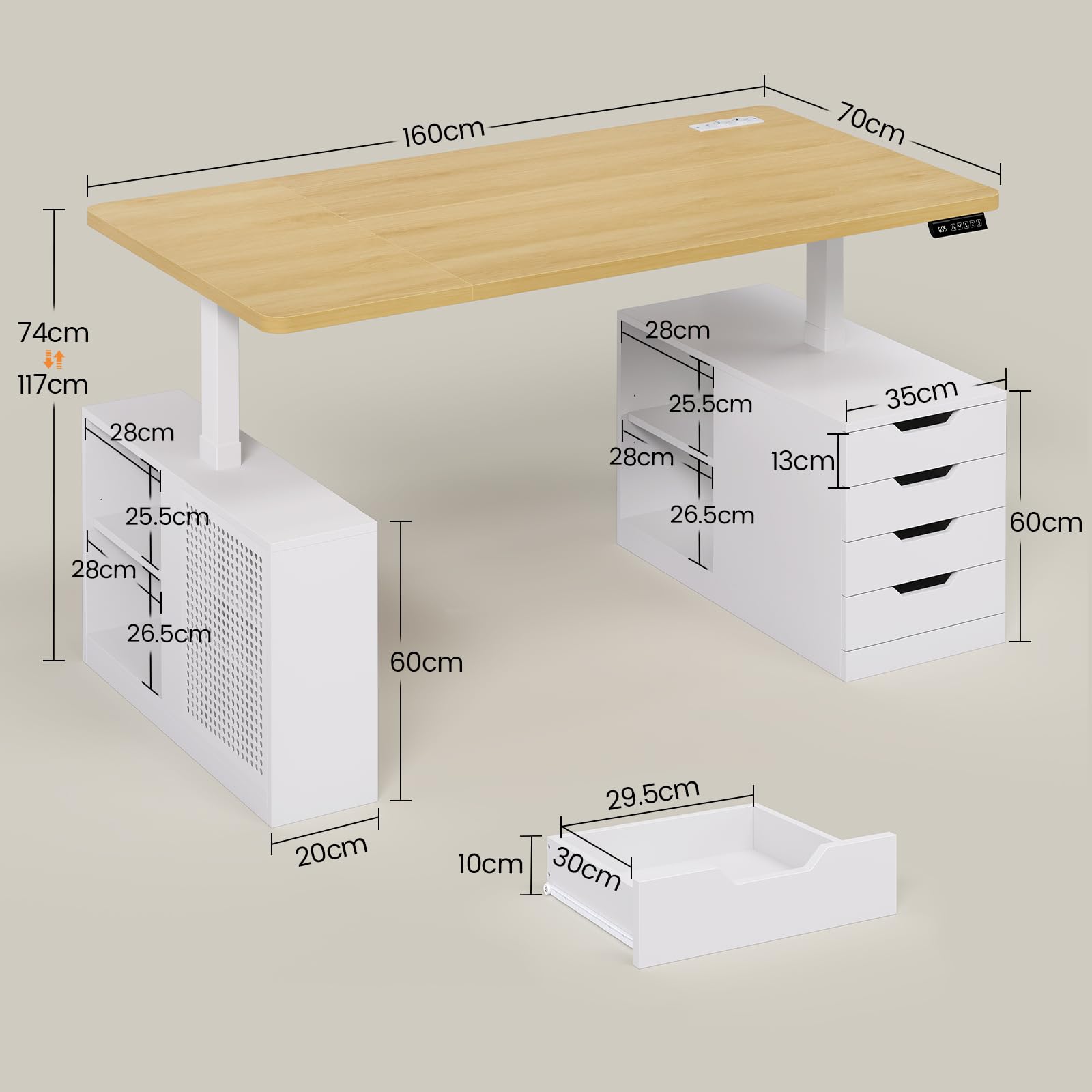 Höhenverstellbarer Schreibtisch ,Schreibtisch 160x70 cm mit 4 Schubladen