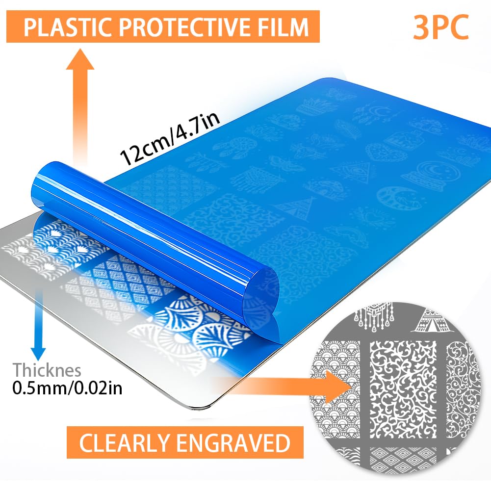 PH PandaHall Set di 3 stencil per nail art, stile bohémien, acchiappasogni, piume, cristalli, luna, stella, unghie, stampini, fiori, foglie, stampini per unghie, per donne, fai da te, manicure, design