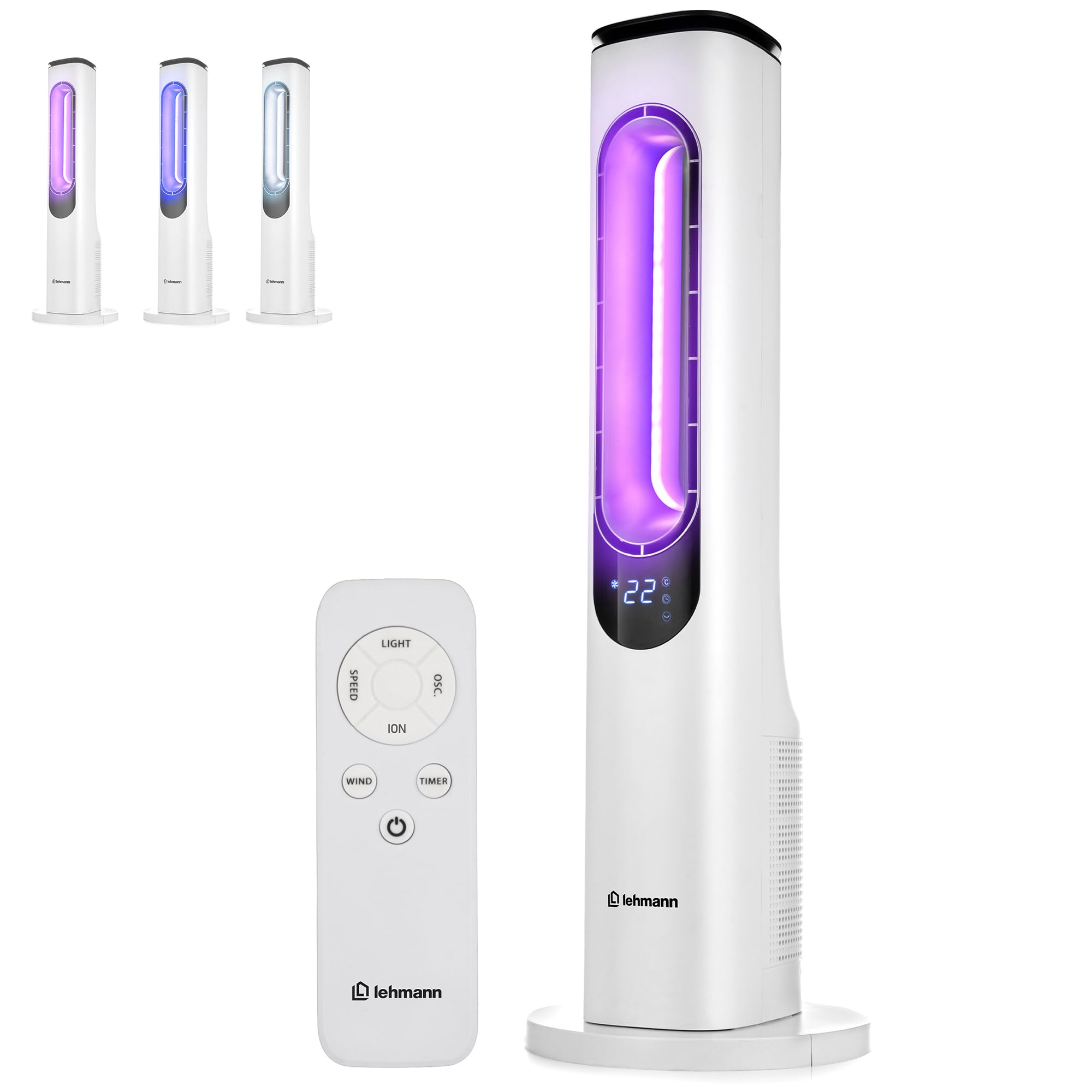LEHMANN Ventilatore a Torre senza Pale, Ventilatore a Colonna Silenzioso con Modalità Notte, Telecomando, Schermo LED, Timer 1-15 h, 3 Velocità, 3 Modalità, 3 Colori di Illuminazione, Oscillazione