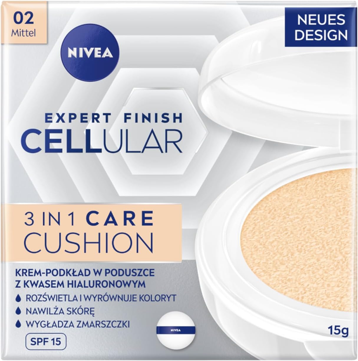 NIVEA Cellular Expert Finish Cushion Renkli Yüz Bakım Kremi 15ml, SPF15 Güneş Koruyucu, Orta Ton, Nemlendirici, Doğal Renk,Hyaluron,Kolajen