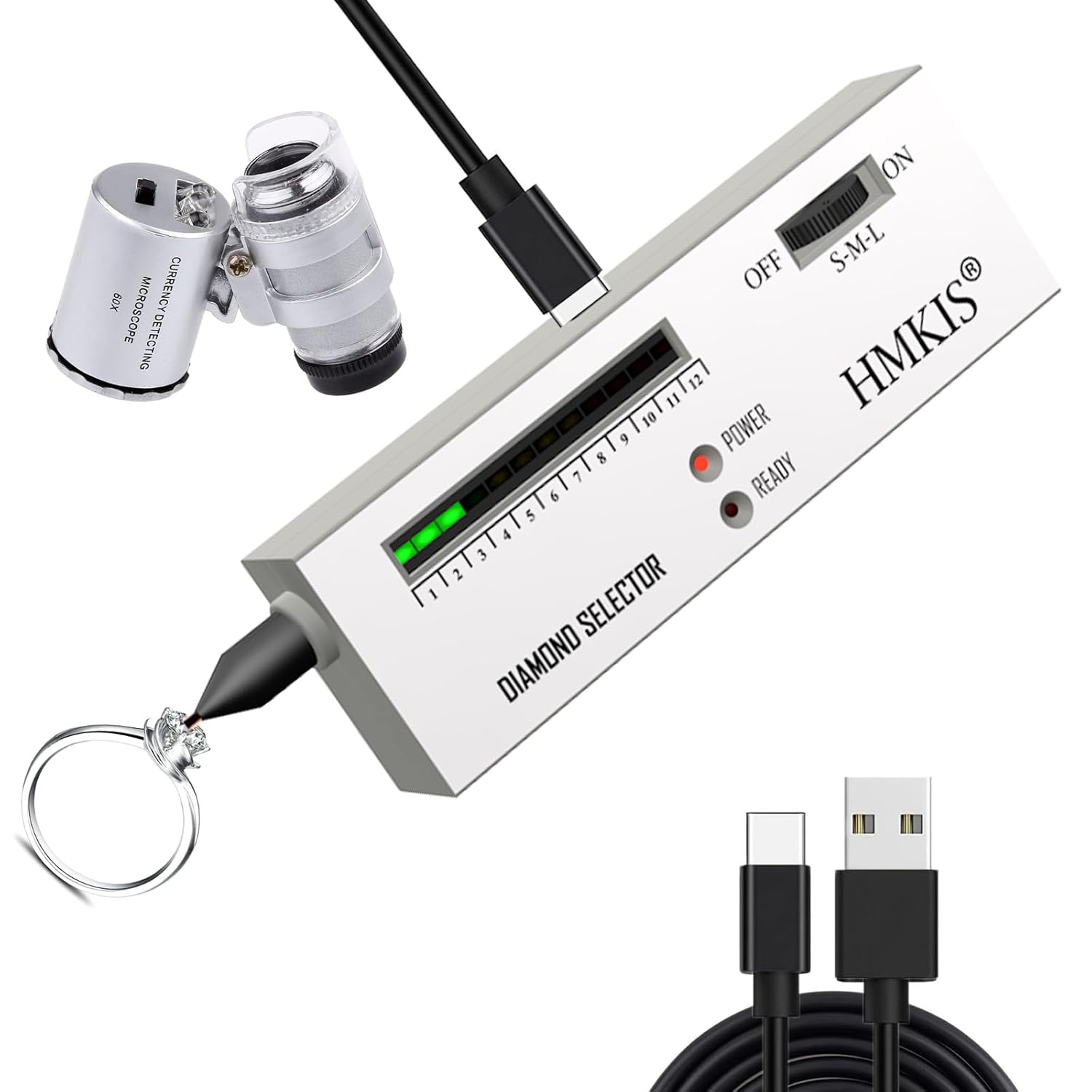 Diamond Tester Pen, Professional Jewelry Diamond Tester with 60X Jewelry Loupe Magnifier, Diamond Selector for Novice and Expert (Non-Rechargeable) White Grey