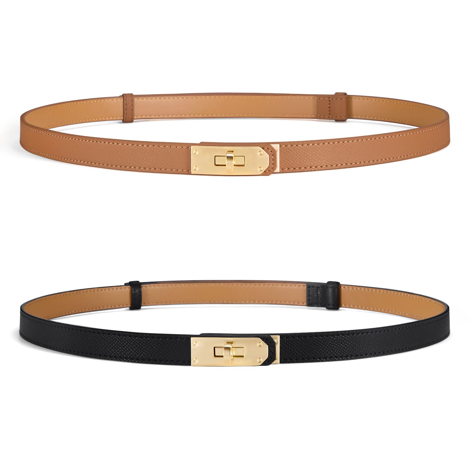 Womens Skinny Leather Belt with Gold or Silver Turn-Lock Buckle Adjustable Thin Belt for Dresses Office Wedding