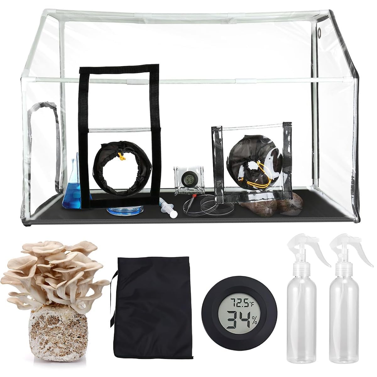Kit de cultivo de setas, cámara de fructificación portátil de 90 x 60 x 60 cm con bolsas de cultivo, pulverizador y termómetro para jardinería interior
