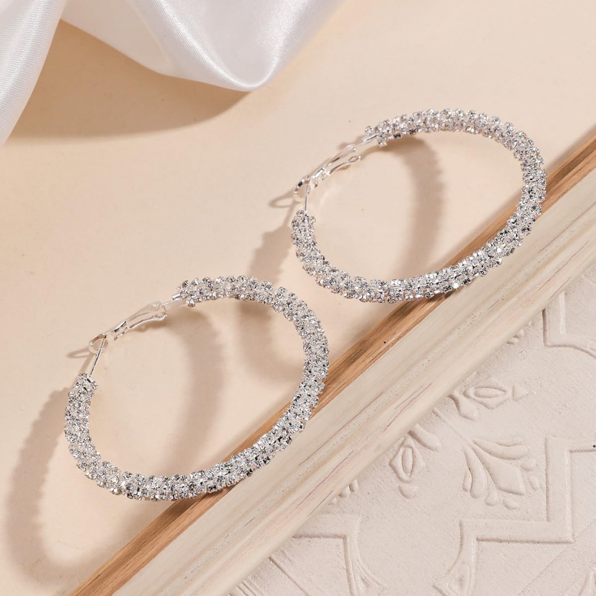 Large Silver Rhinestone Hoop Earrings Sparkly Big Hoop Earrings for Women Bling Chunky Silver Hoops 40/50/60/70mm Trendy Prom Wedding Christmas Jewelry