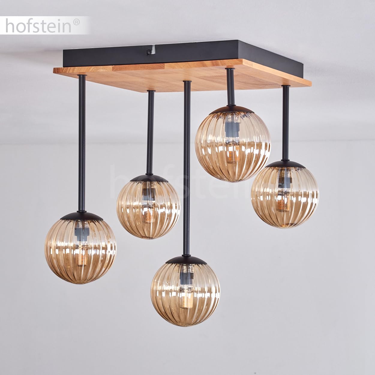 Plafoniera Chehalis, lampada da soffitto in metallo/legno/vetro scanalato in nero/naturale/ambra, lampada dal design moderno retrò/vintage con ombrelli in vetro (Ø 12 cm), 5 x G9, senza lampadina