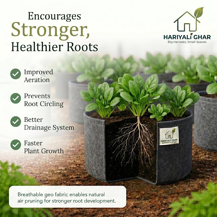 Image of 400 GSM Geo Fabric Round Grow Bags 15x6 Inch, Dark Grey Planting Bags for Terrace and Kitchen Gardening Pack of 10