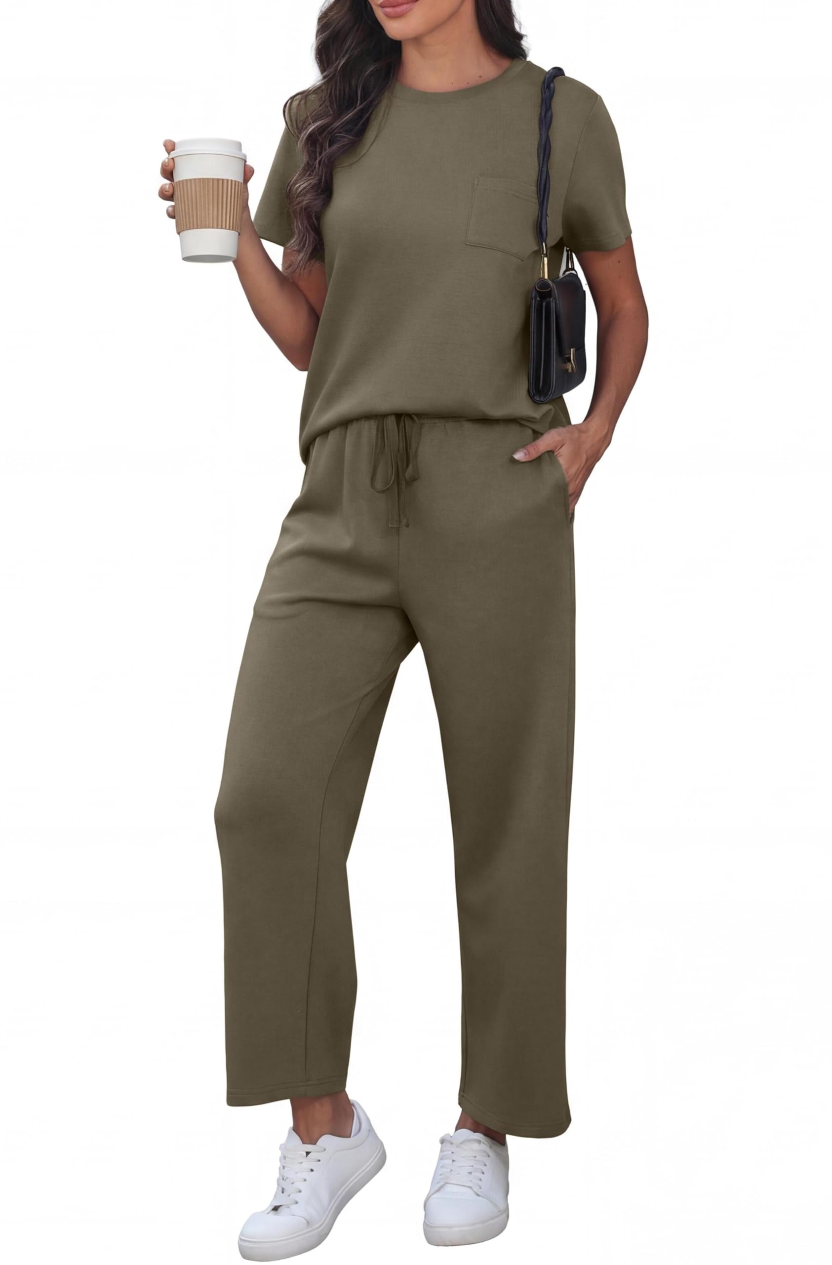 GRECERELLE Conjunto de dos piezas de viaje para mujer, de manga corta, casual, cuello redondo, conjunto completo de camisetas de manga casquillo y pantalones de correr con bolsillos