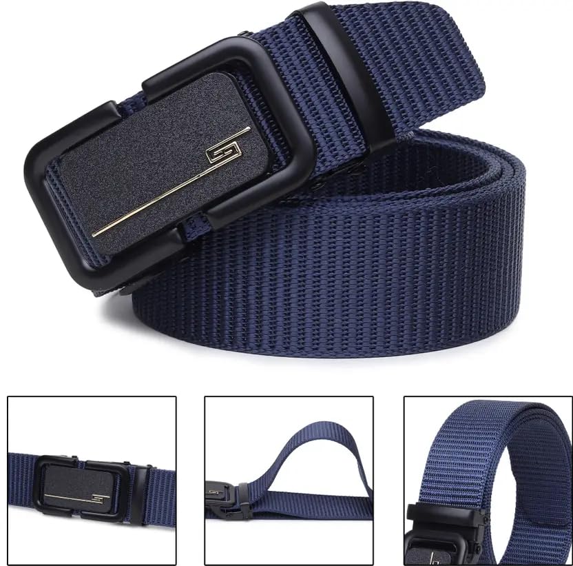 Image of TPM Men's Nylon Elastic Belt with Black Metal Buckle, Navy Blue and Grey, Casual Style, Adjustable Military Tactical Web Belt, 3-Pack