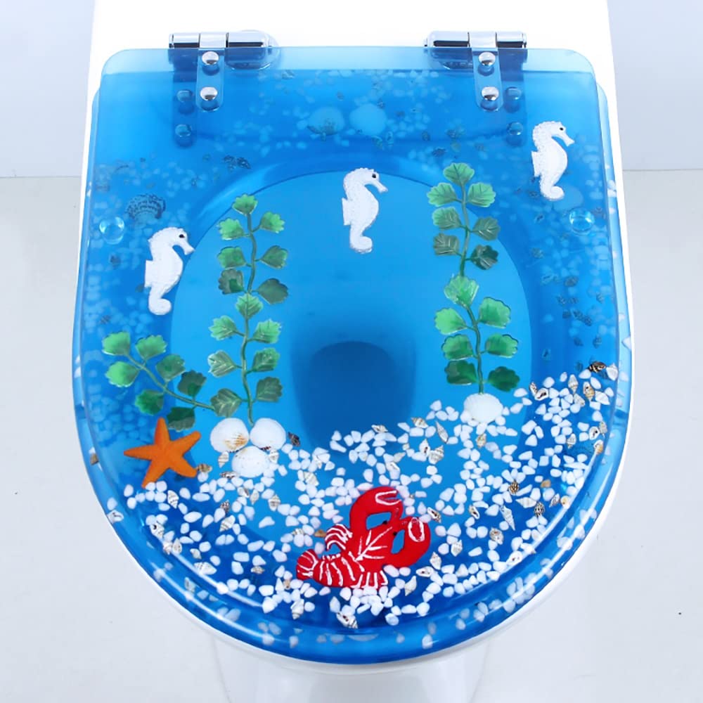 Round Ocean Resin Toilet Seat Slow Close Quick Release Metal Zinc Alloy Hinge Easy to Install also Easy to Clean Home Bathroom Shells Decor