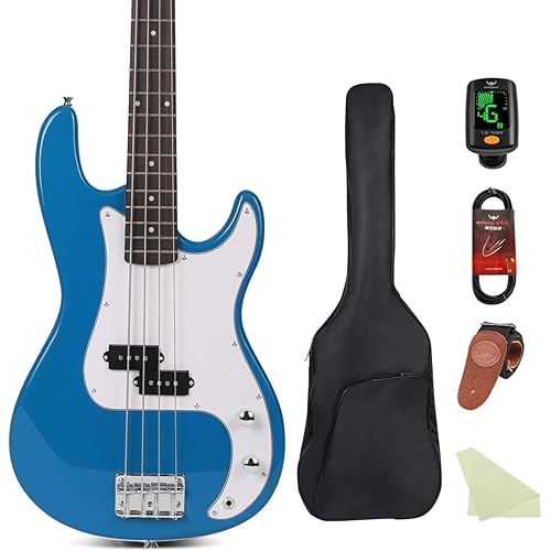 Electric Bass Guitar 4 Strings Full-Size Standard Bass PB-Style Beginner Kit Black for Starter with Gig Bag Guitar Strap and Guitar Cable, MS-FD (blue)