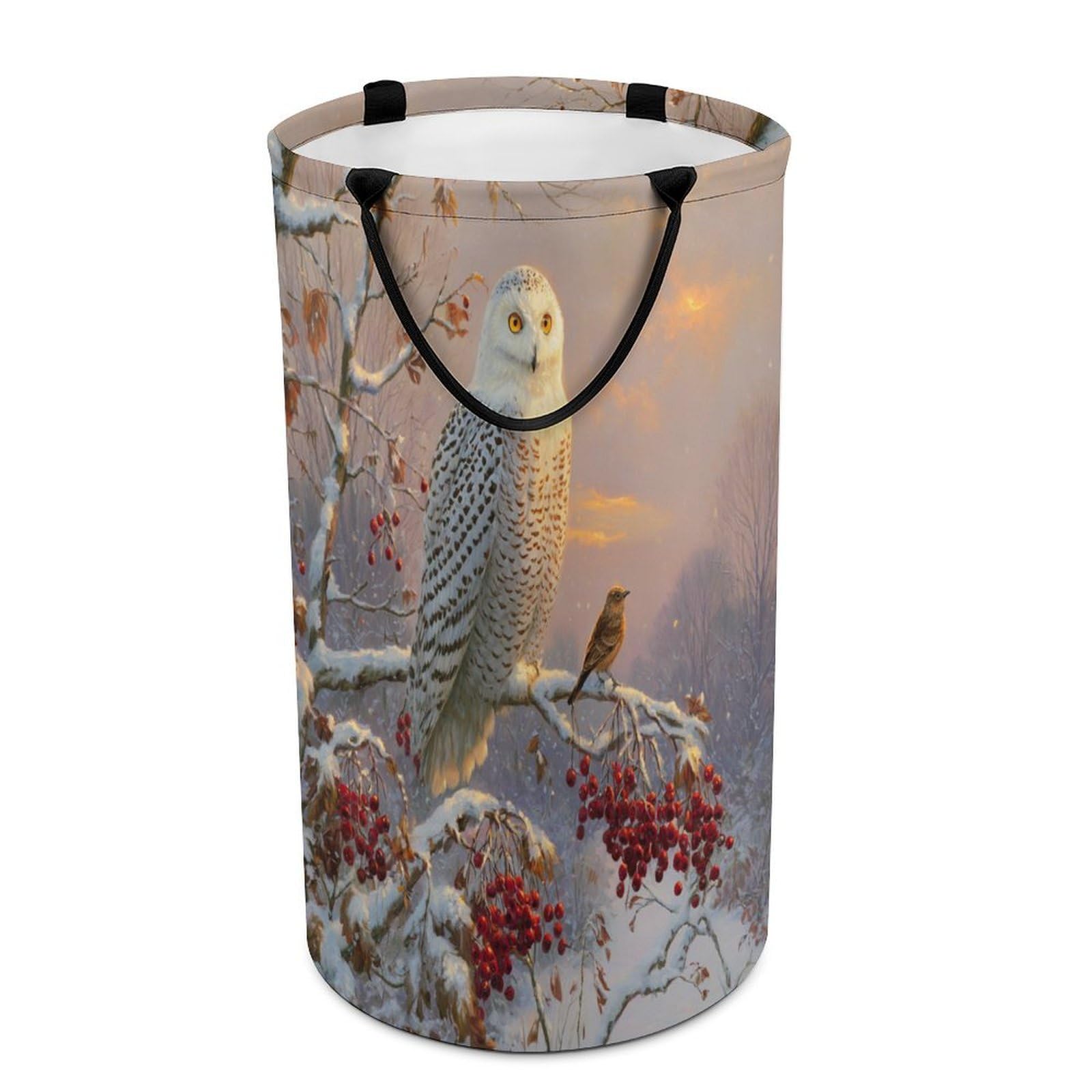 LUYYSKY Beautiful Classic Winter Owl Collapsible Dirty Clothes Basket, Elegant Realistic Snowy Forest Landscape Animal Owl Portable Clothes Storage Basket