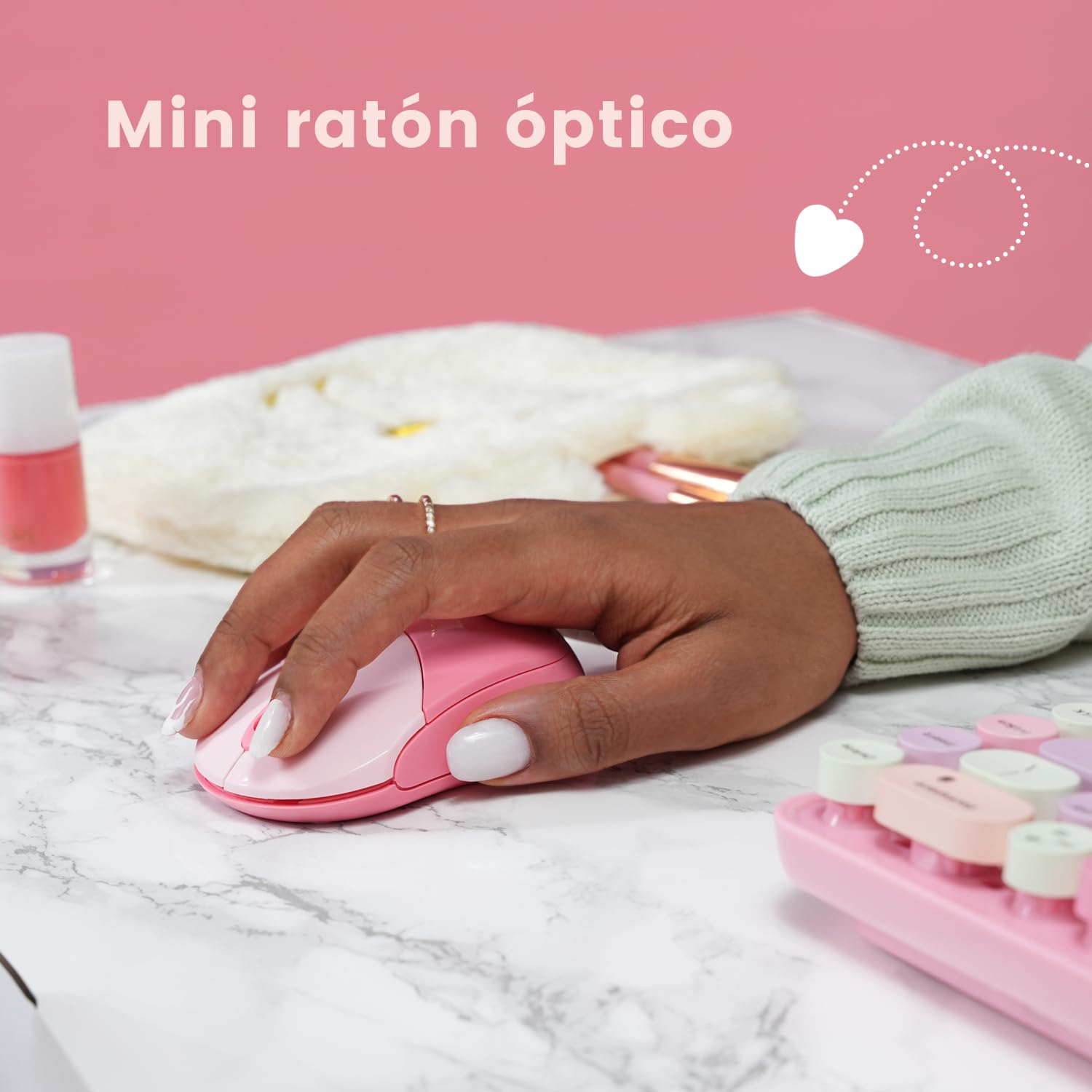 Perixx PERIDUO-802PK ES Set de Ratón y Teclado Inalámbrico Bluetooth Mini - Estilo Retro con Teclas Redondas - Rosa Pastel - Español QWERTY