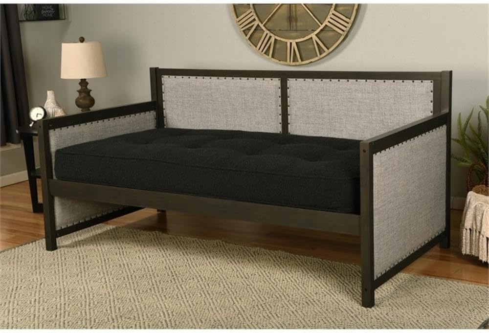 Pemberly Row Twin Wood Daybed with Pop-Up Trundle, Graystone Finish, Upholstered Back with Nailhead Trim, Includes Black Mattresses, Solid Hardwood Frame, Versatile Living Space Furniture