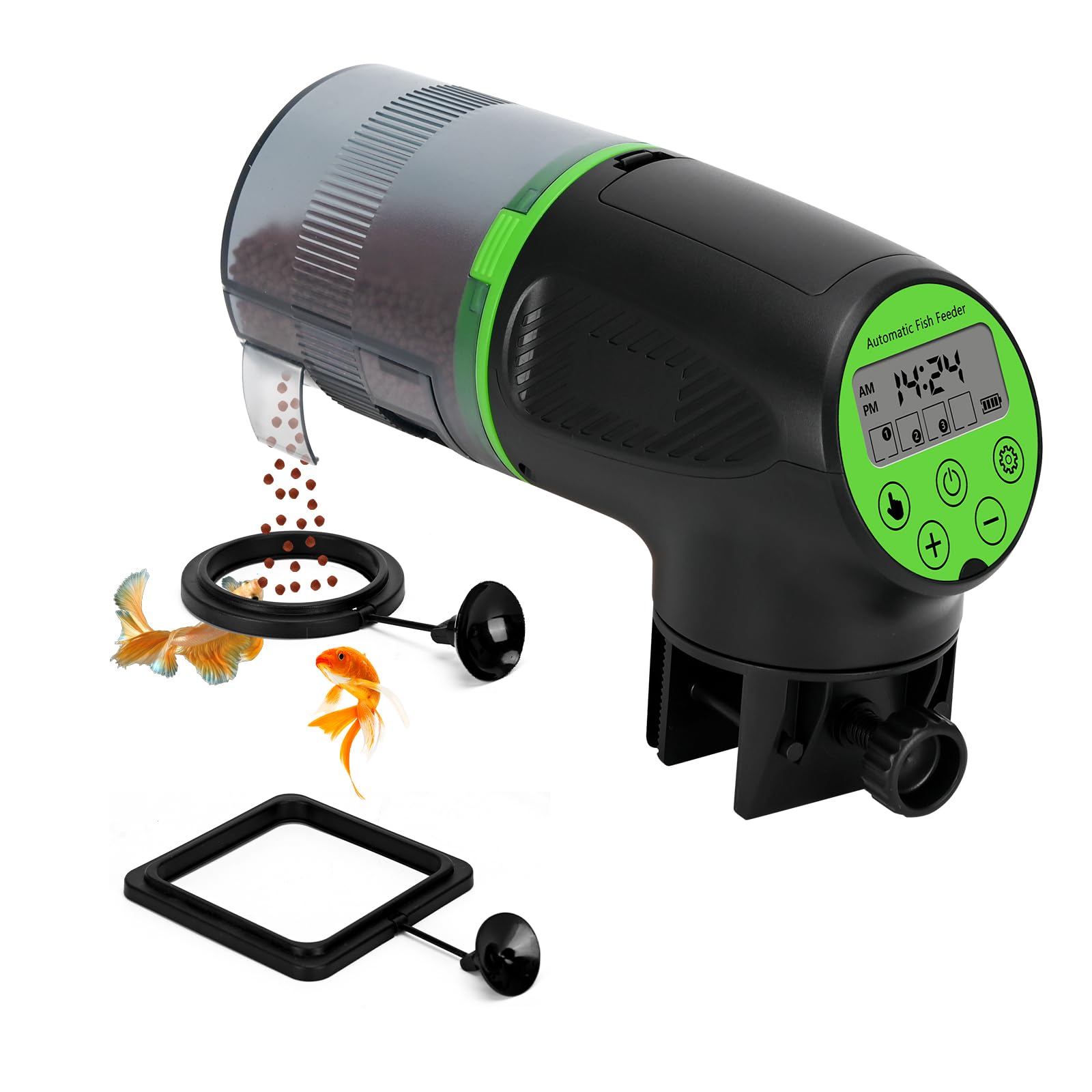 Lychee Automatic Fish Feeder for Aquarium-200ml Timed Dry Fish Food Vacation Feeder with Two Feeding Rings-Moisture-Proof LCD Display for Tank Pond